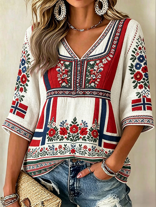 Women's linen tops in Scandinavian style with Nordic floral motif and print