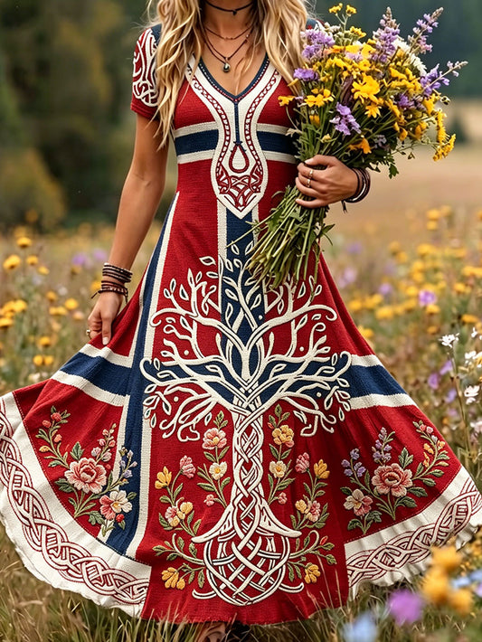 Women's dress in Scandinavian style with a Nordic floral motif printed on linen fabric