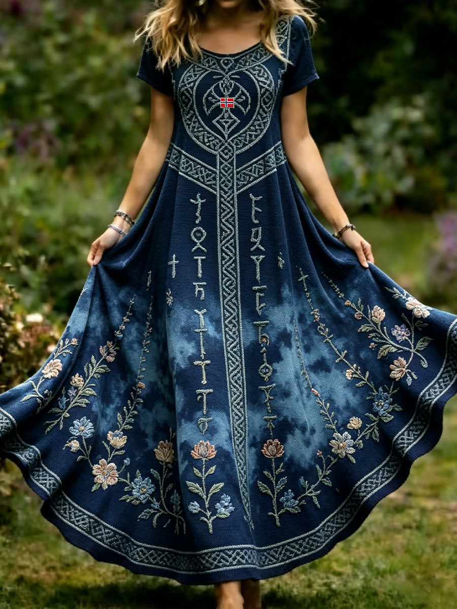 Women's dress in Scandinavian style with a Nordic floral motif printed on linen fabric