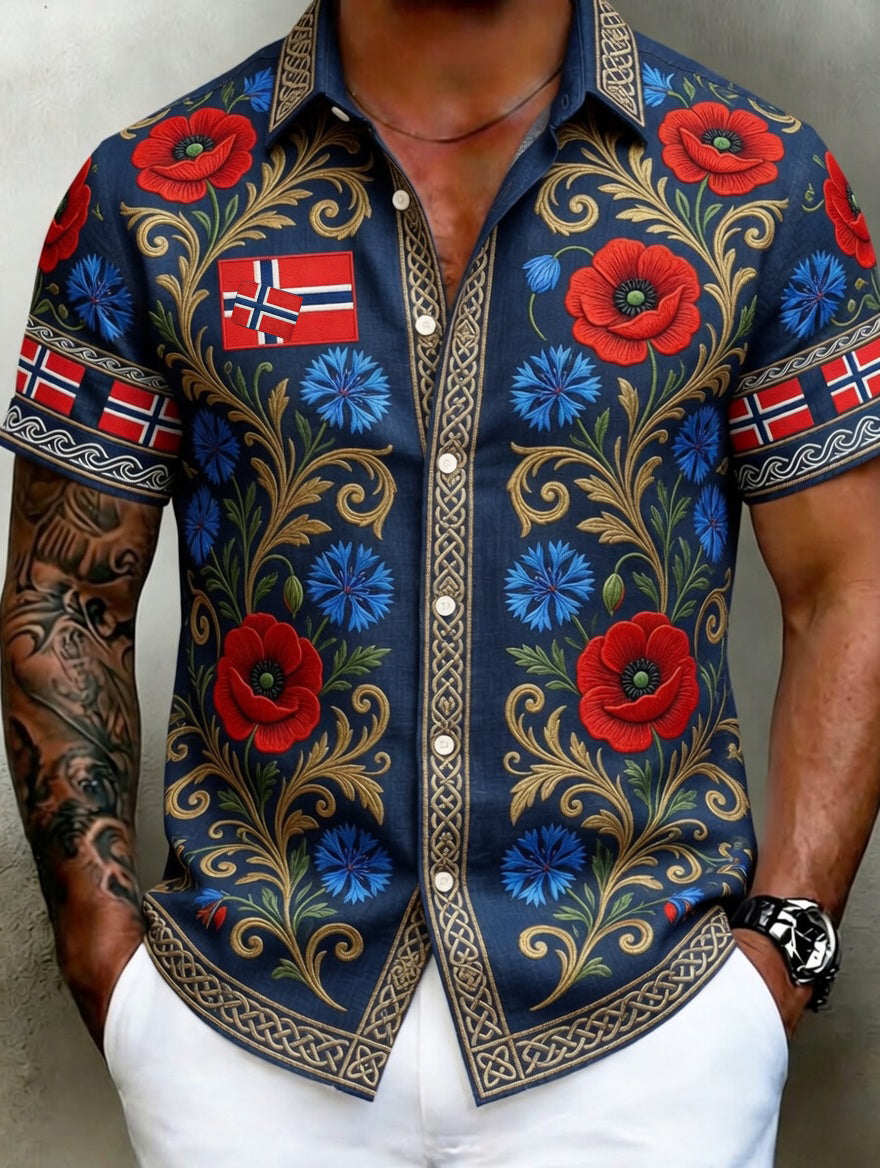 Old Scandinavian style men's cotton-linen shirt with Norwegian art print