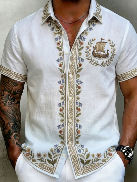 Old Scandinavian style men's cotton-linen shirt with Norwegian art print