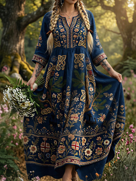 Women's dress in retro Scandinavian style in cotton-linen with Norwegian art print