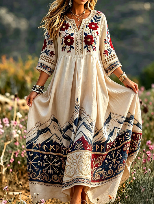 Women's dress in retro Scandinavian style in cotton-linen with Norwegian art print