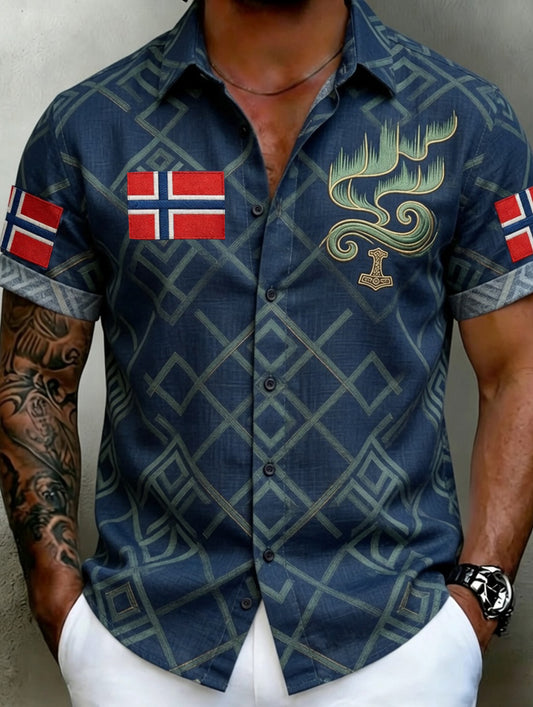 Old Scandinavian style men's cotton-linen shirt with Norwegian art print