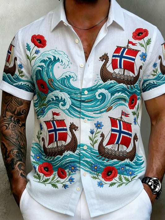 Old Scandinavian style men's cotton-linen shirt with Norwegian art print