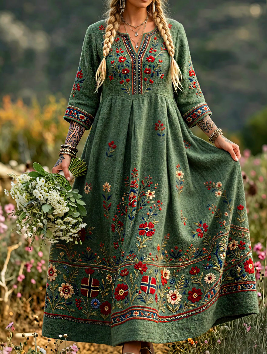 Women's dress in retro Scandinavian style in cotton-linen with Norwegian art print