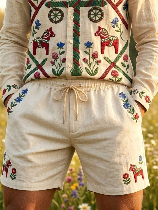 Men's Retro Swedish Midsummer Folk Floral Cotton-Linen Shorts