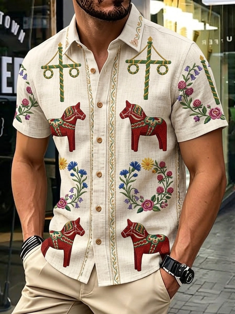 Herrretro svensk midsommarfolkaldrigblommig bomull-linne skjorta med korta ärmarna