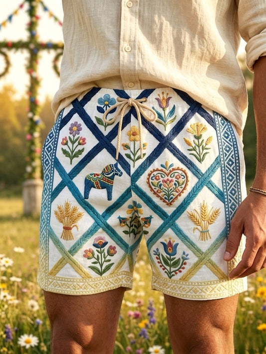 Men's Retro Swedish Midsummer Folk Floral Cotton-Linen Shorts