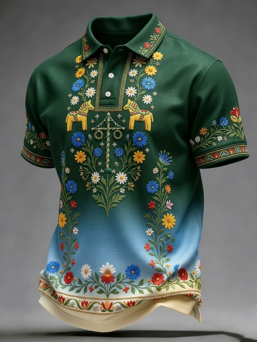 Men's Retro Swedish Midsummer Floral Short-Sleeved Polo Shirt