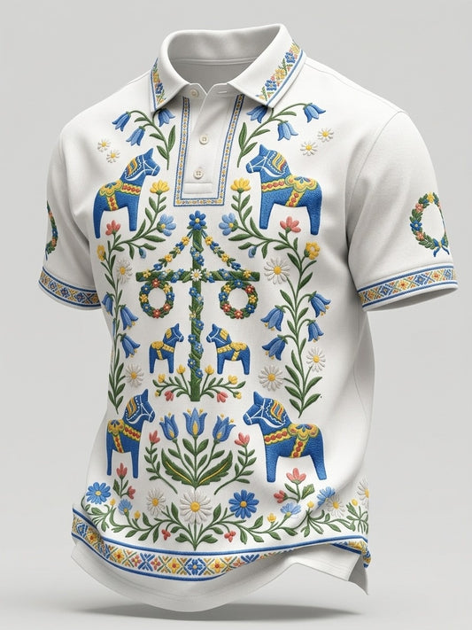 Men's Retro Swedish Midsummer Floral Short-Sleeved Polo Shirt