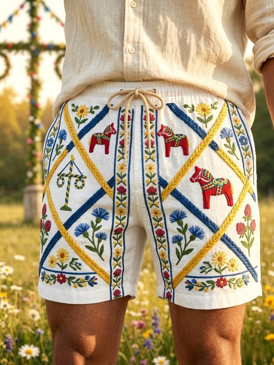 Men's Retro Swedish Midsummer Folk Floral Cotton-Linen Shorts