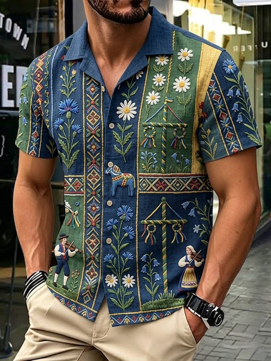 Men's retro Swedish Midsummer folk never-fading floral cotton-linen short-sleeved shirt
