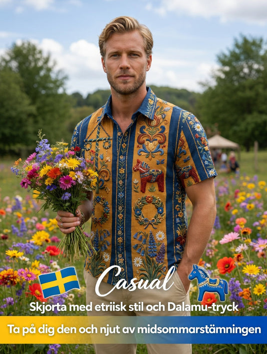 Men's retro Swedish Midsummer folk never-fading floral cotton-linen short-sleeved shirt