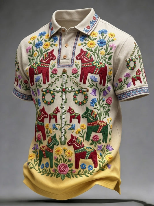 Men's Retro Swedish Midsummer Floral Short-Sleeved Polo Shirt