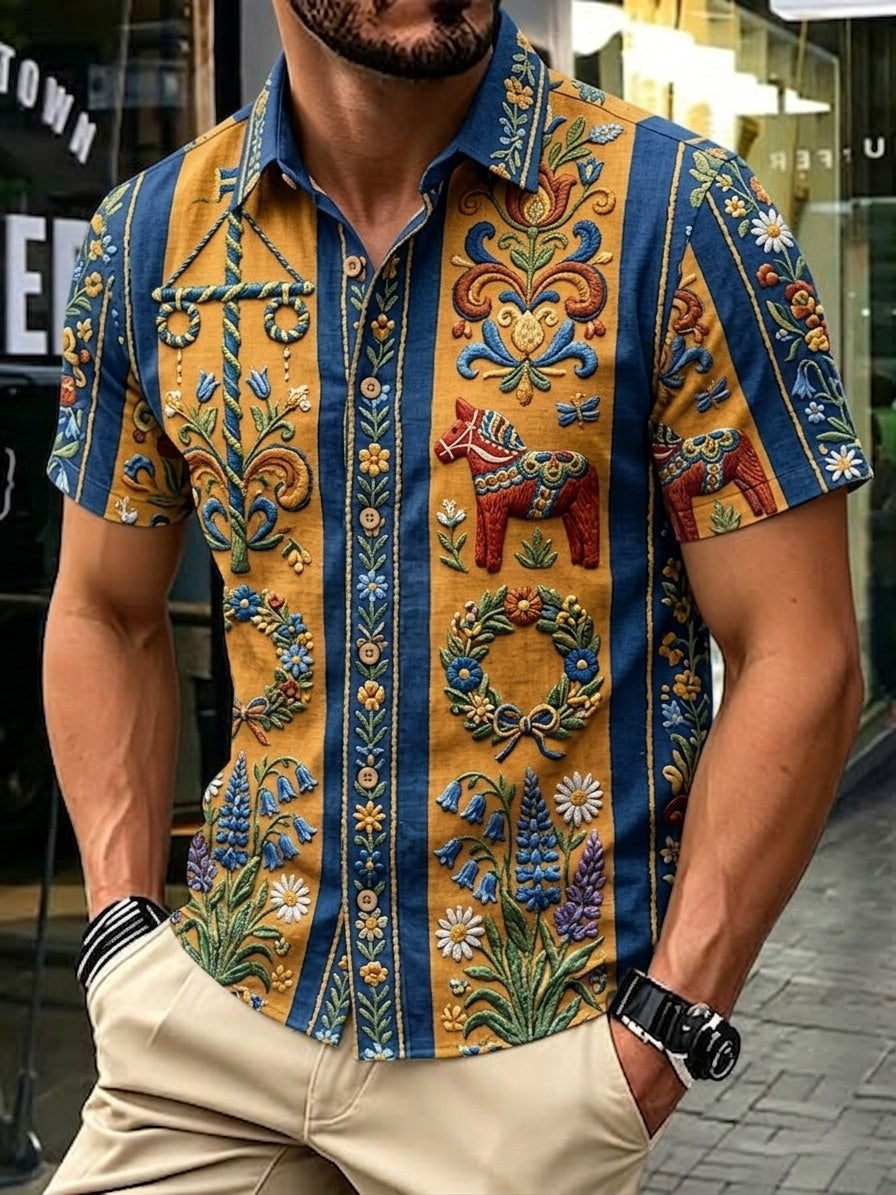 Men's retro Swedish Midsummer folk never-fading floral cotton-linen short-sleeved shirt