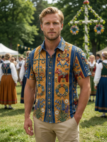Men's retro Swedish Midsummer folk never-fading floral cotton-linen short-sleeved shirt