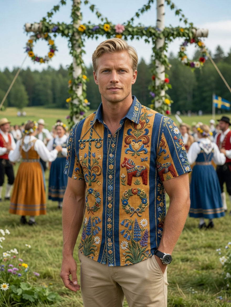 Men's retro Swedish Midsummer folk never-fading floral cotton-linen short-sleeved shirt
