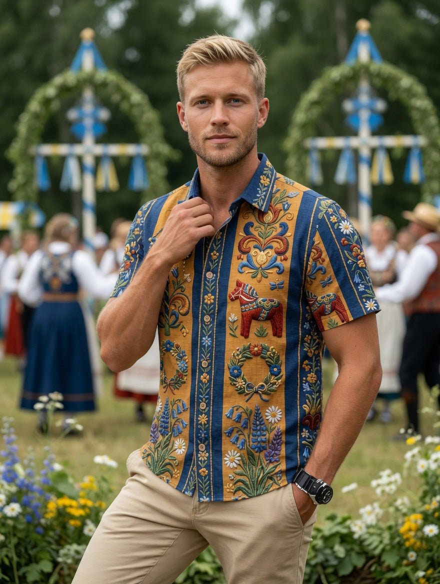 Men's retro Swedish Midsummer folk never-fading floral cotton-linen short-sleeved shirt