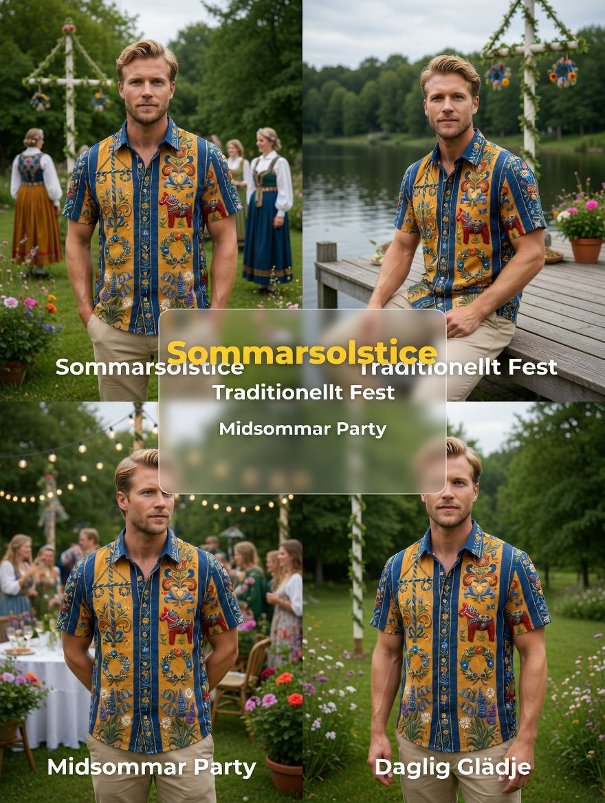 Men's retro Swedish Midsummer folk never-fading floral cotton-linen short-sleeved shirt