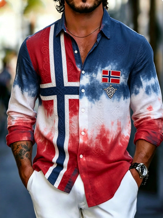 Men's Norwegian Flag Color Print Long-Sleeved Shirt