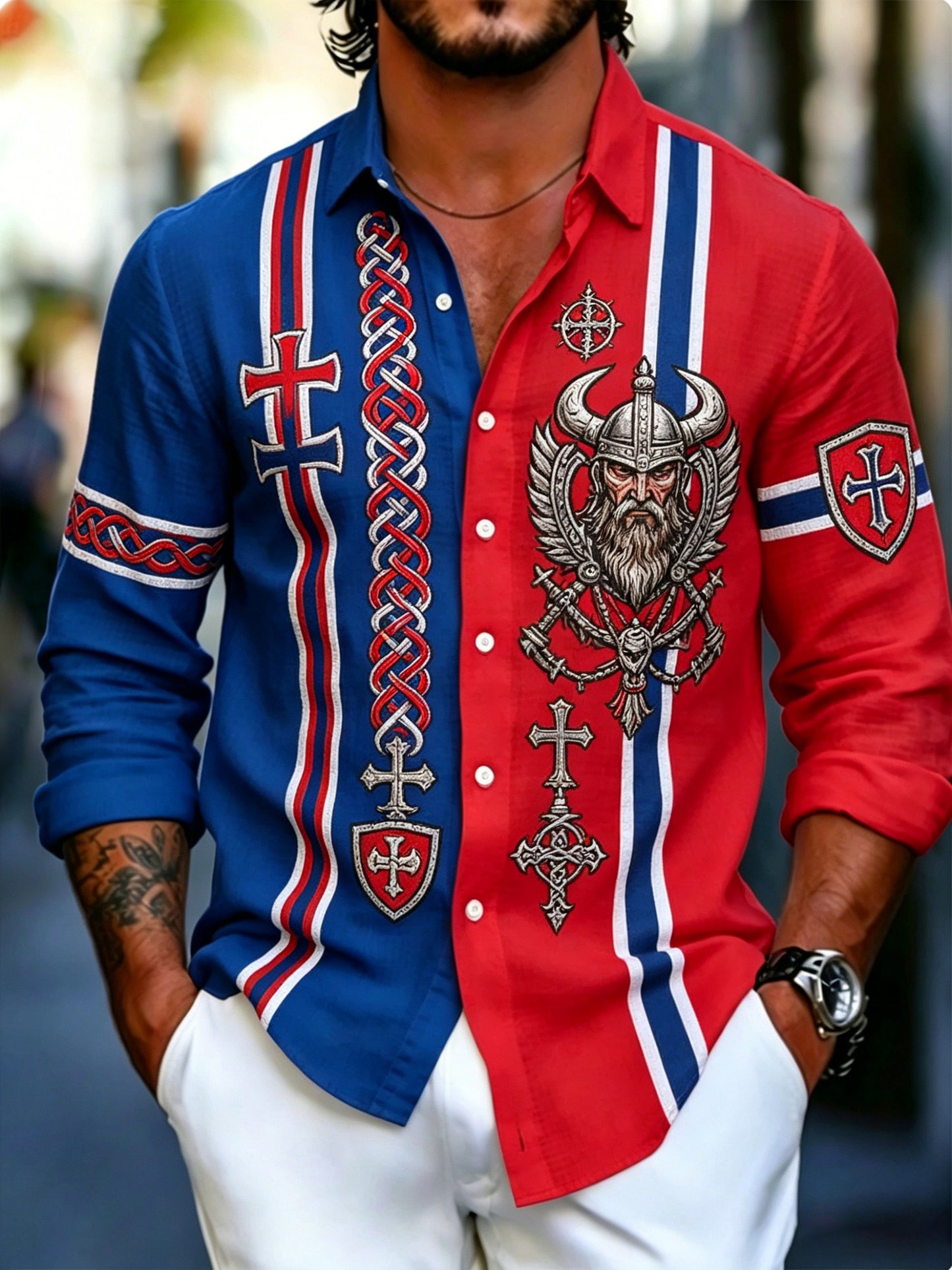 Men's Norwegian Flag Color Print Long-Sleeved Shirt