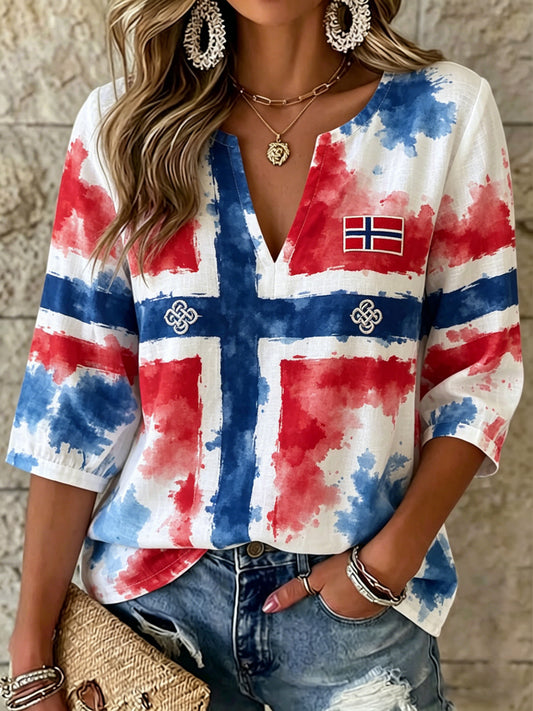 Women's Art Print with Norwegian Flag in Color and V-Neck Top