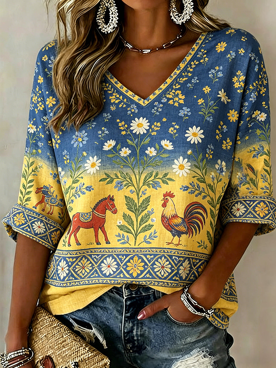Women's cotton-linen V-neck shirt with floral pattern and carousel print