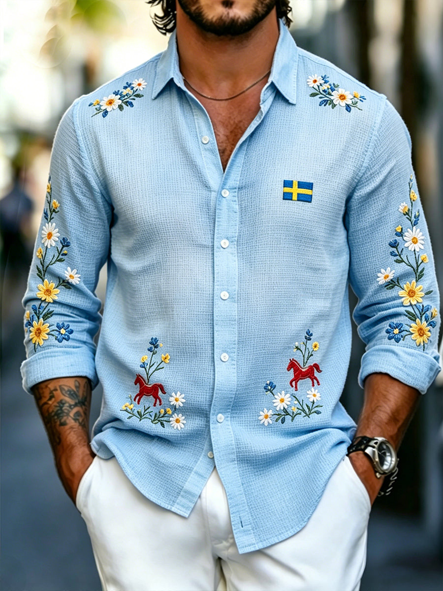 Men's long-sleeved waffle-knit shirt with floral and rocking horse print