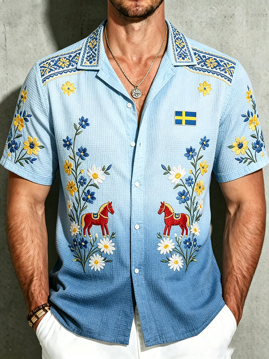 Men's waffle-knit shirt with floral pattern and polo horse print, short-sleeved