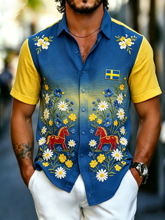 Men's waffle-knit shirt with floral pattern and polo horse print, short-sleeved