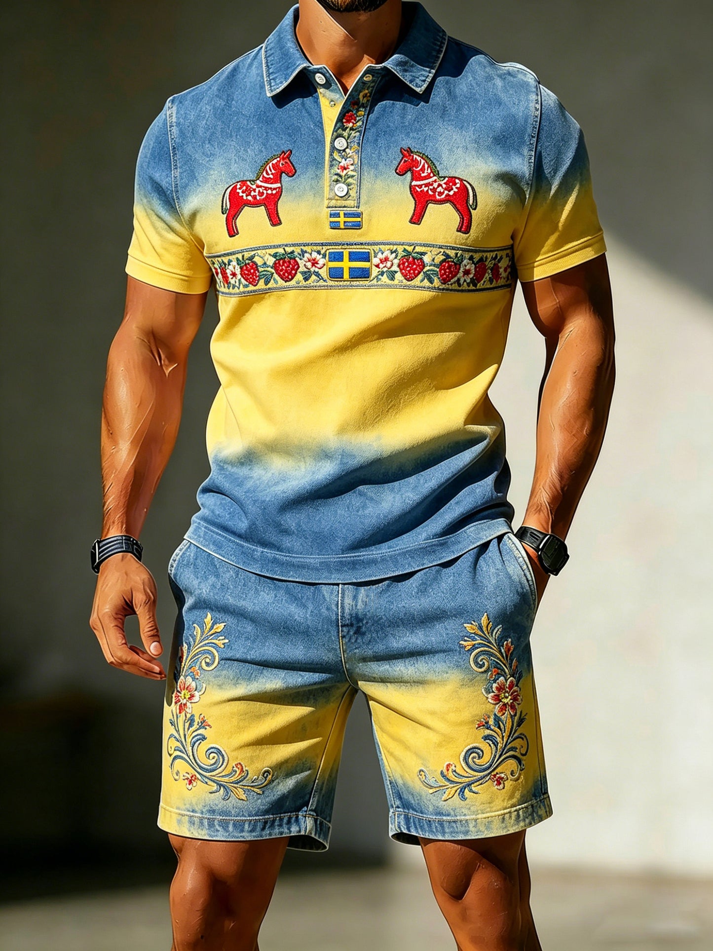 Men's set with art print and polo in connection with the Swedish Midsummer celebration
