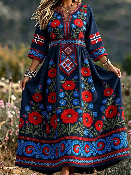 Women's dress in retro Scandinavian style in cotton-linen with Norwegian art print
