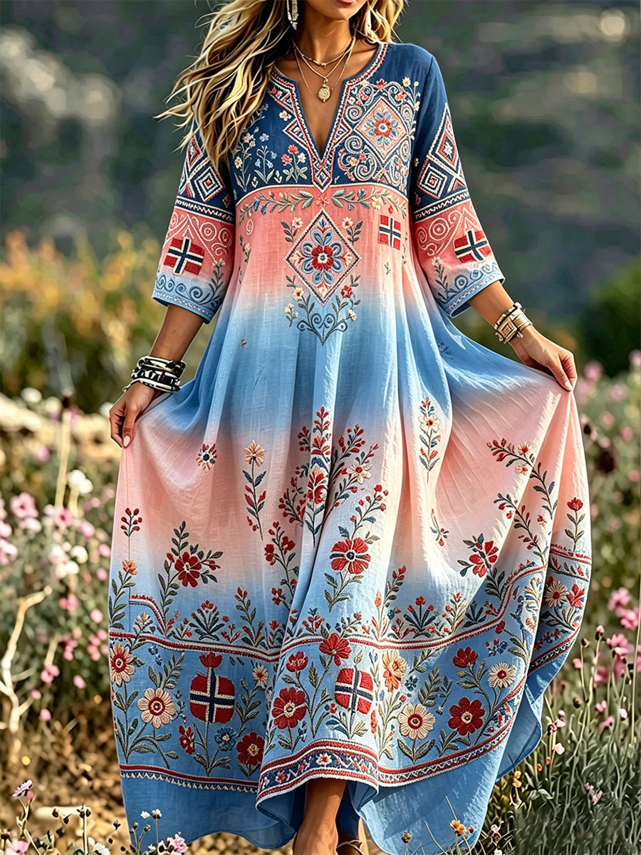 Women's dress in retro Scandinavian cotton-linen with Norwegian art print