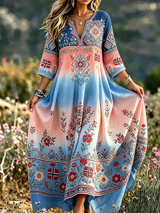Women's dress in retro Scandinavian cotton-linen with Norwegian art print