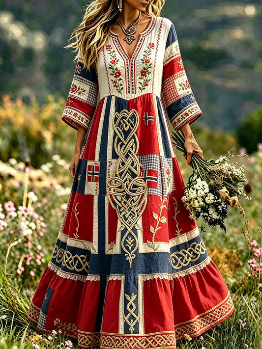 Women's dress in retro Scandinavian style in cotton-linen with Norwegian art print