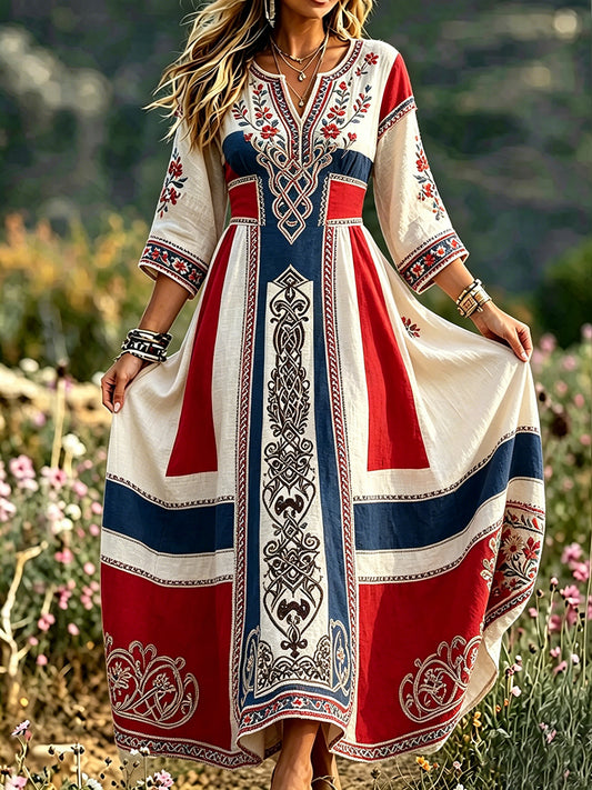Women's dress in retro Scandinavian style in cotton-linen with Norwegian art print