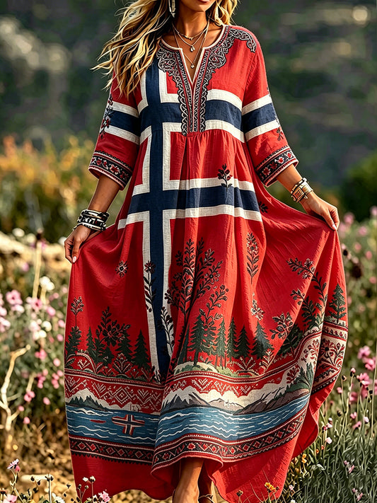Women's dress in retro Scandinavian style in cotton-linen with Norwegian art print