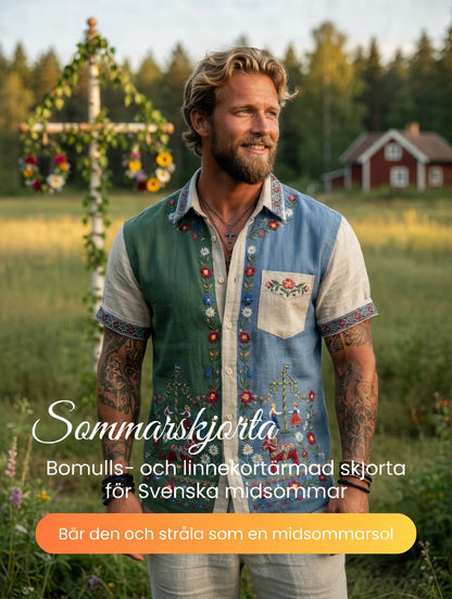 Herrretro svensk midsommarfolkaldrigblommig bomull-linne skjorta med korta ärmarna