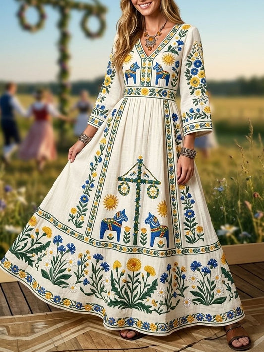 Women's retro Swedish midsummer folk costume in cotton-linen with a floral pattern