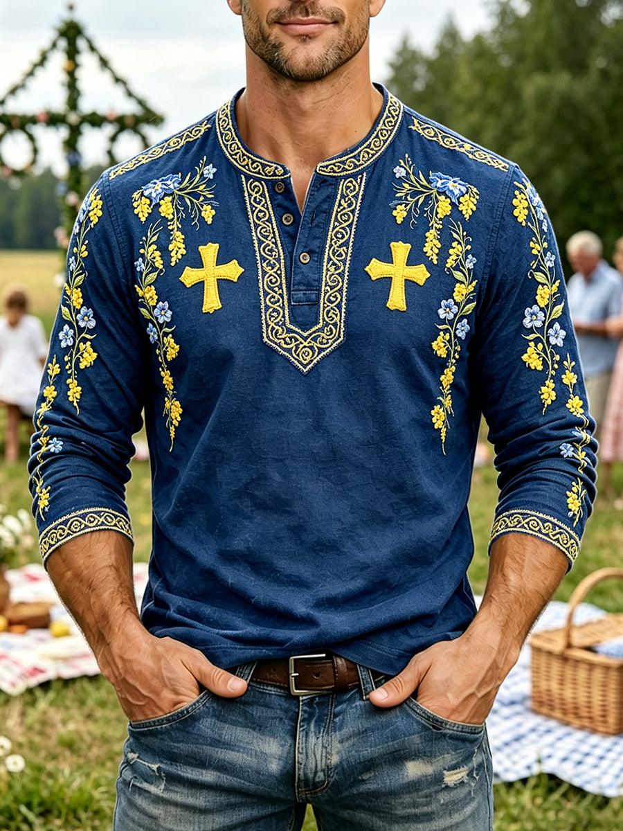 Herrsvensk midsommarblommig tryckt avslappnad henleyhalsad långärmad t-shirt