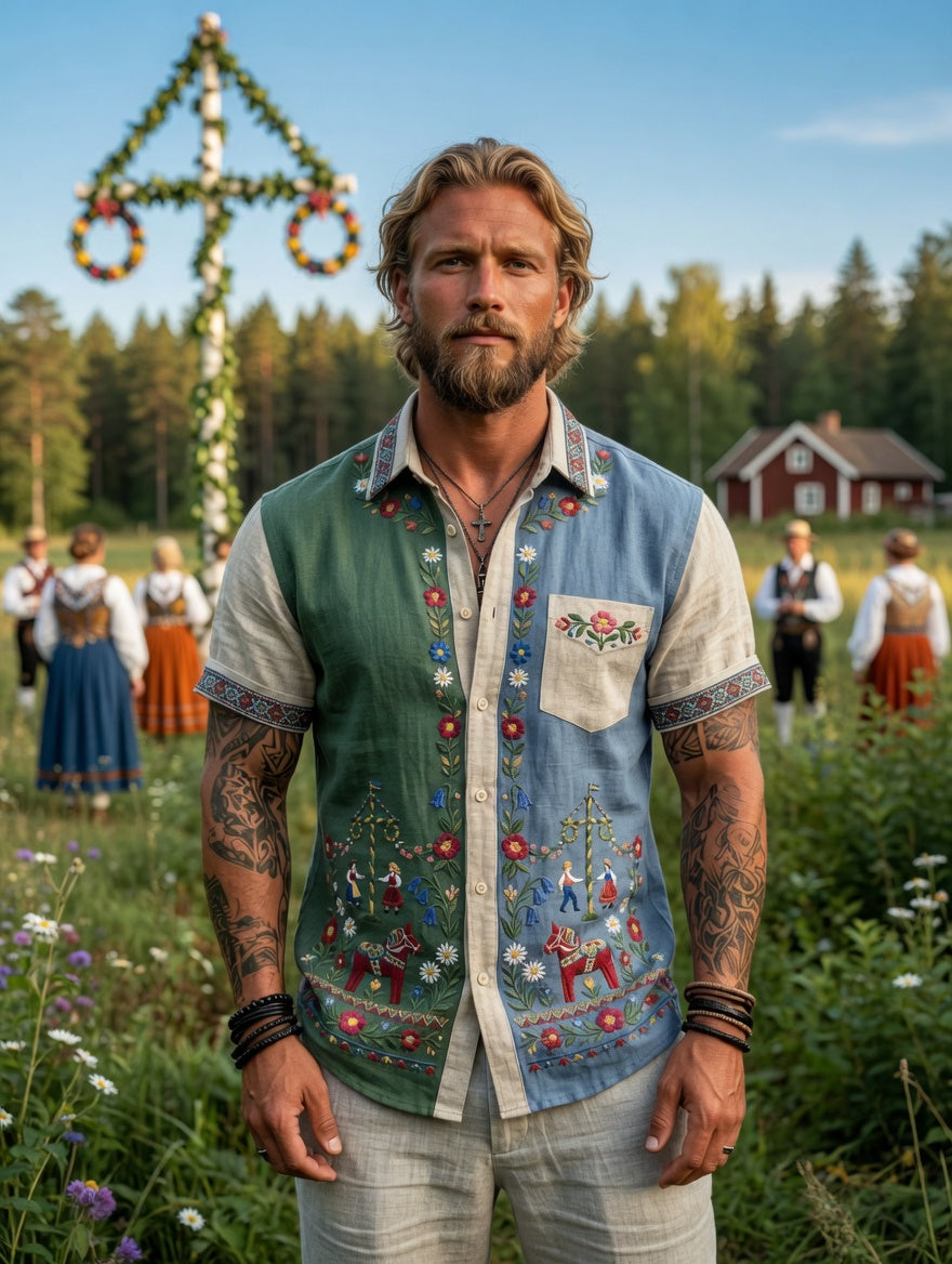 Herrretro svensk midsommarfolkaldrigblommig bomull-linne skjorta med korta ärmarna
