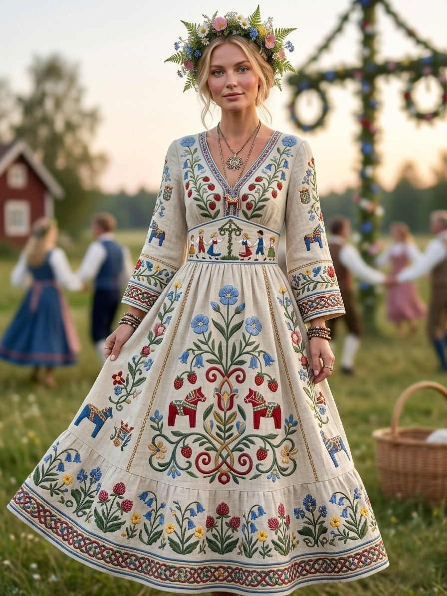 Dams retro svensk midsommarfolkdräkt i bomull-linne med blommönster