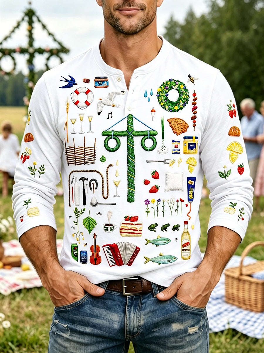 Herrvit svensk midsommar 3D-tryckt avslappnad henleyhalsad långärmad t-shirt