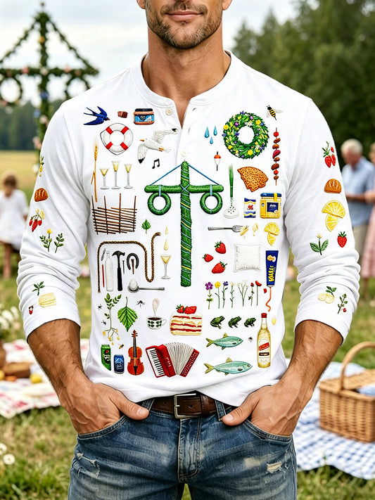 Men's Swedish Midsummer 3D Printed Casual Henley Neck Long Sleeve T-Shirt
