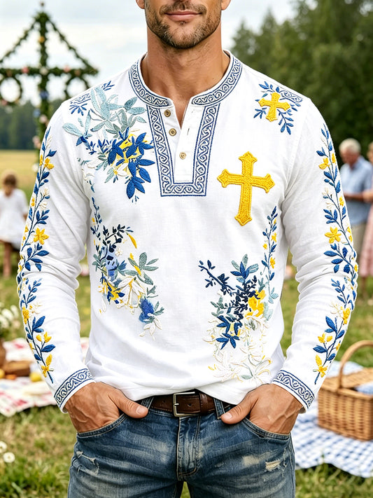 Men's White Swedish Midsummer Floral Printed Relaxed Henley Neck Long Sleeve T-Shirt