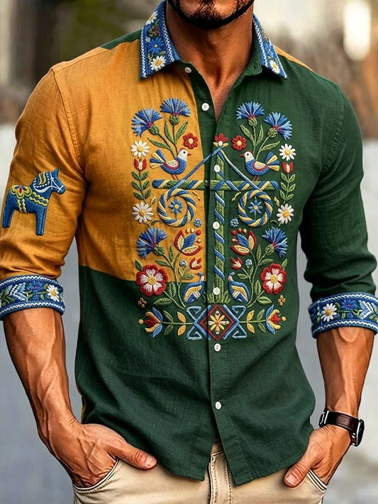 Men's retro Swedish Midsummer folk never-fading floral cotton-linen long-sleeved shirt