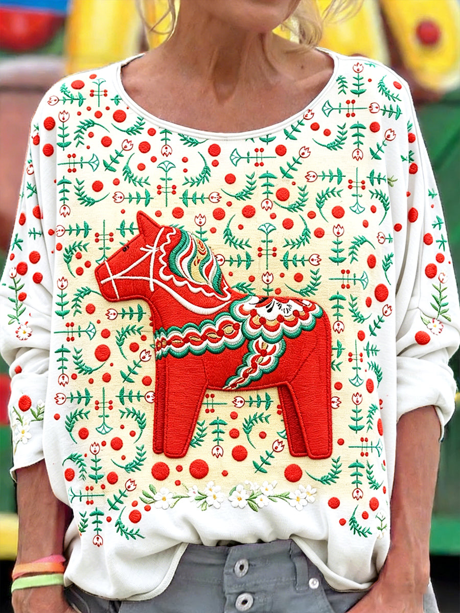 Damer Svensk midsommar Dalahäst 3D-blommönstrad casual t-shirt med långa ärmar
