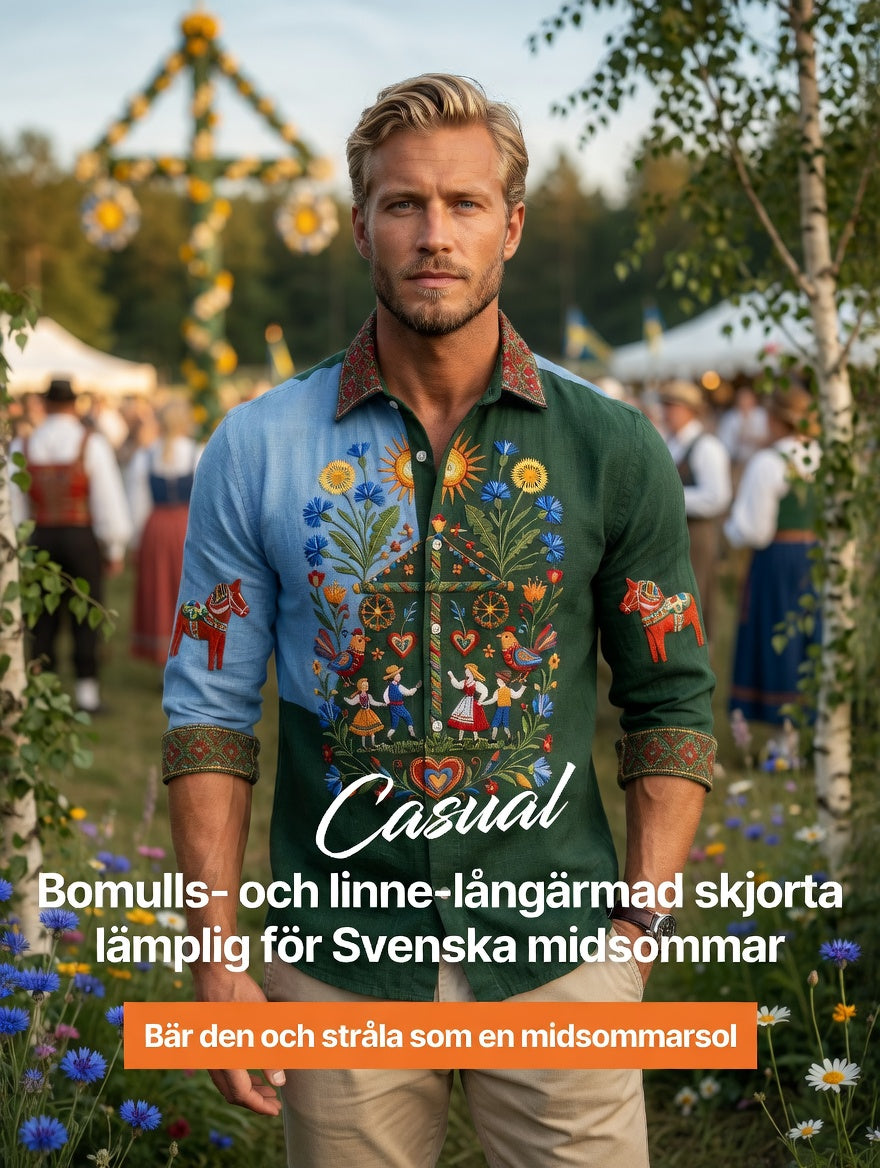 Men's retro Swedish Midsummer folk never-fading floral cotton-linen long-sleeved shirt