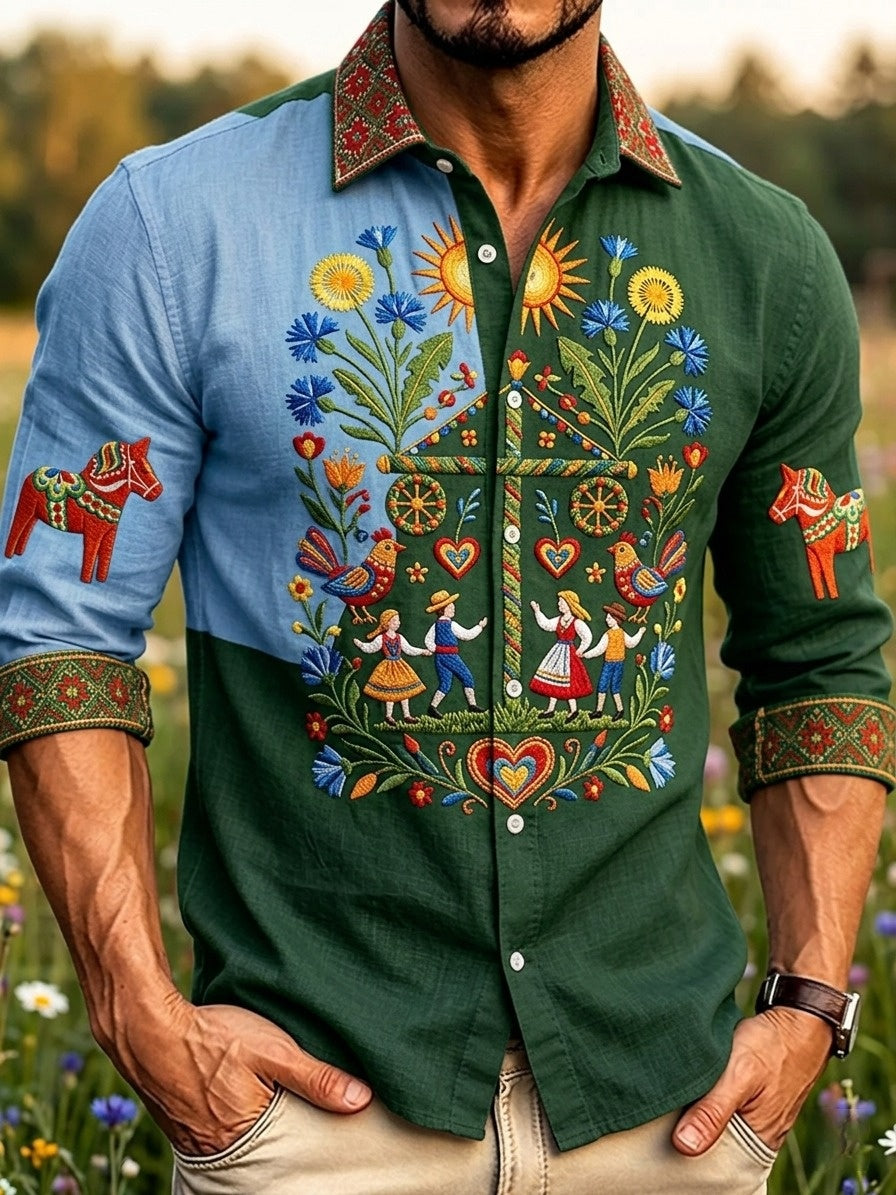 Men's retro Swedish Midsummer folk never-fading floral cotton-linen long-sleeved shirt